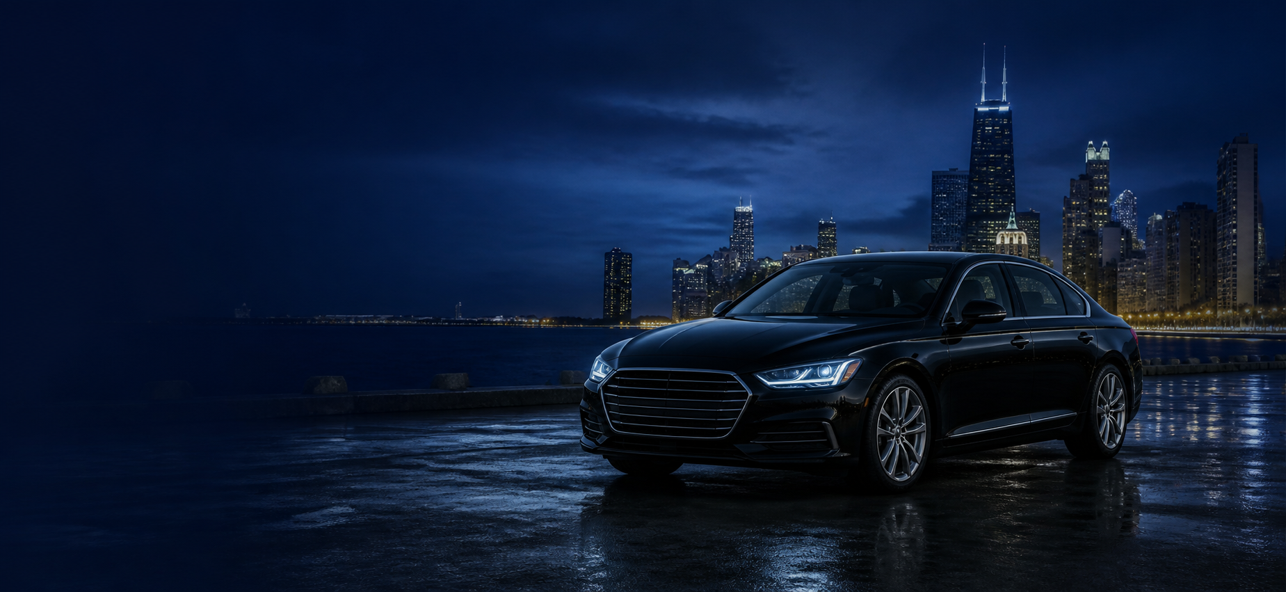 Black sedan with the Chicago skyline at night